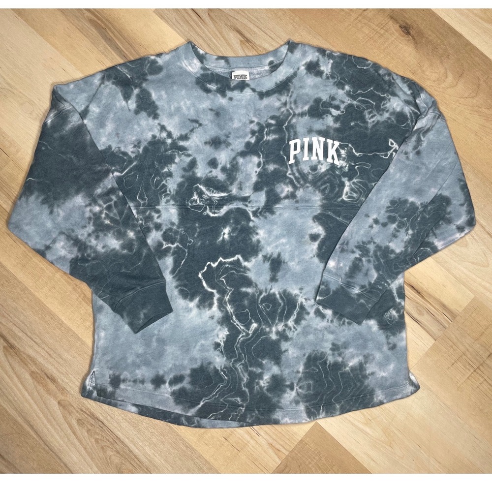 Victoria's Secret PINK Tie Dye Crewneck Sweatshirt Grey White Oversized Medium - Picture 1 of 6